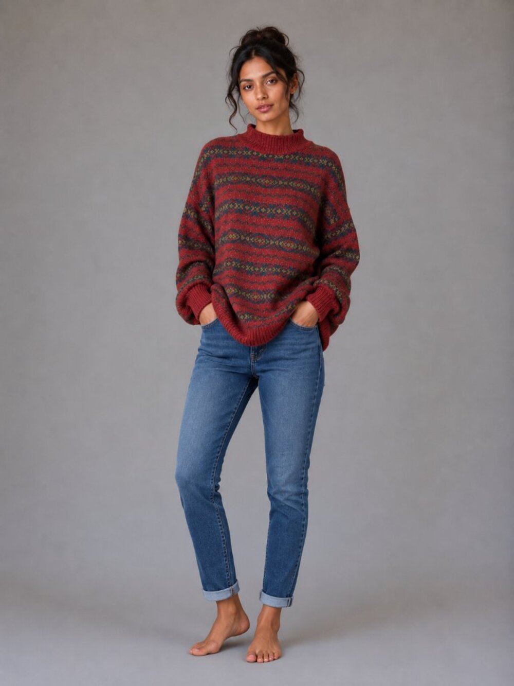 Silk Angora Stone Canyon Sweater W/ L Red Fair Isle Mock Neck excellent vintage